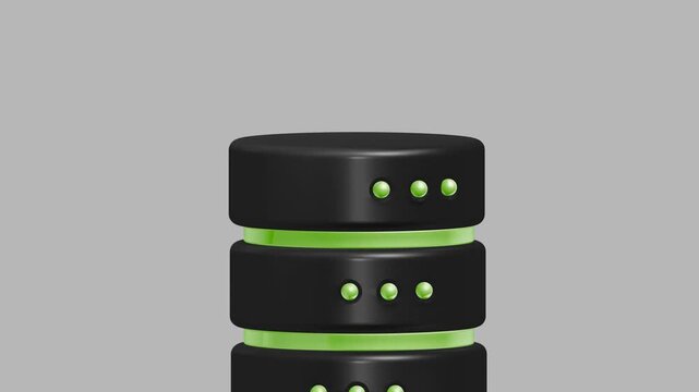 Macro perspective of a 3D server database icon with glowing green indicators focusing on technical detail and high performance cloud computing hardware
