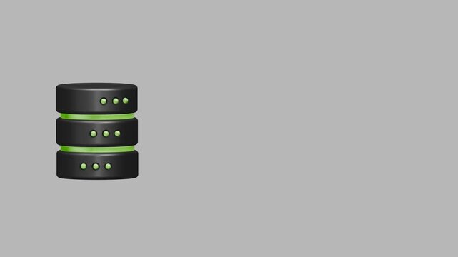 Three dimensional database server icon positioned on the left side of a gray background providing ample copy space for tech and cloud storage marketing