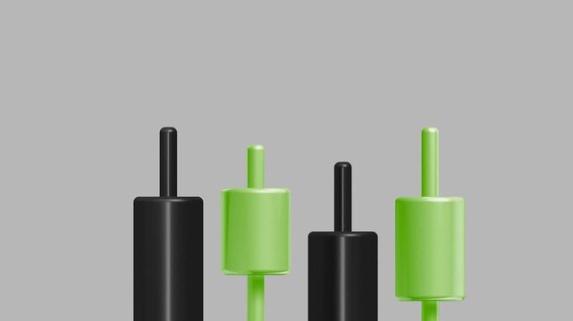 Macro view of glossy 3D financial candlesticks in green and black showing market movement and trading patterns for professional investment and banking presentations