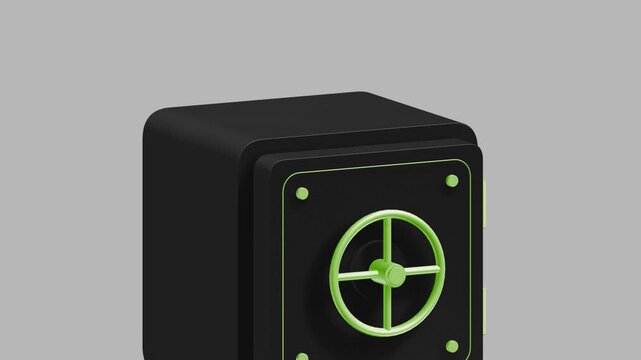 Safe deposit box shown in a tight closeup view highlighting the green wheel lock and secure metal door for high end financial asset protection