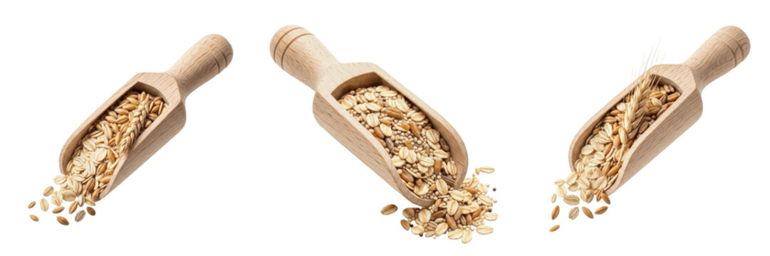 Set and collection of wooden scoop with oats isolated on transparent png background