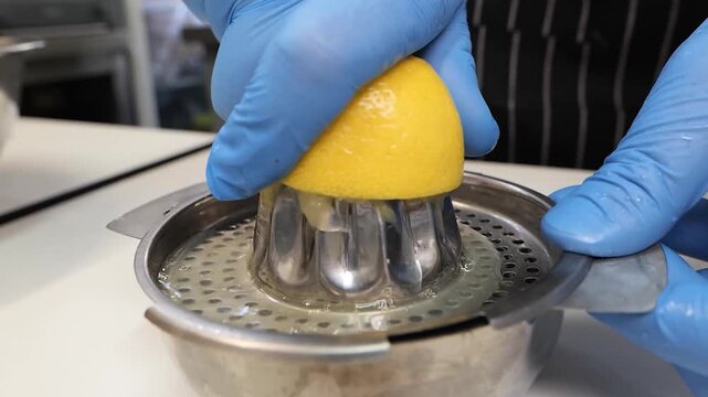 A close-up shot of a person wearing blue protective gloves using a stainless steel manual juicer to extract juice from a half lemon. The built-in strainer is visible, separating seeds and pulp from th