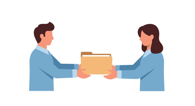 A minimalist vector graphic of a man and woman exchanging a folder
