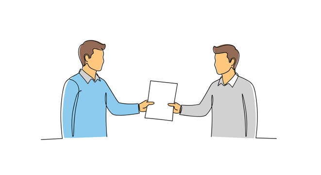 A minimalist vector illustration of two men exchanging a document