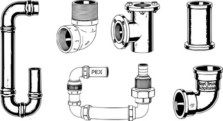 Fototapeta premium Collection of realistic plumbing pipes from different materials. Detailed illustrations. 
