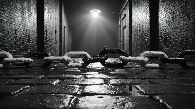 Black and white shot of a chain laying on wet brick, illuminated by a single light in a dark alley