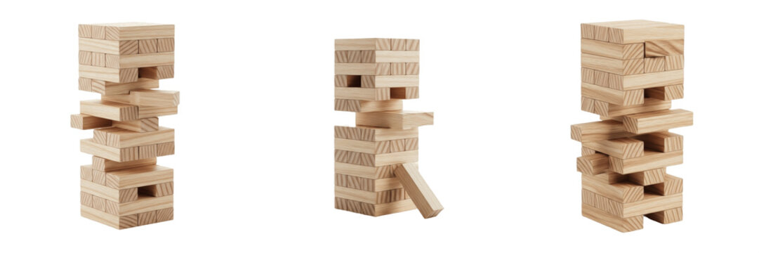Wooden Jenga Balance Blocks PNG Set Isolated on White Background for Board Games, Strategy Play, Educational Toy, Realistic Wood Texture Graphic Design Assets for Games.