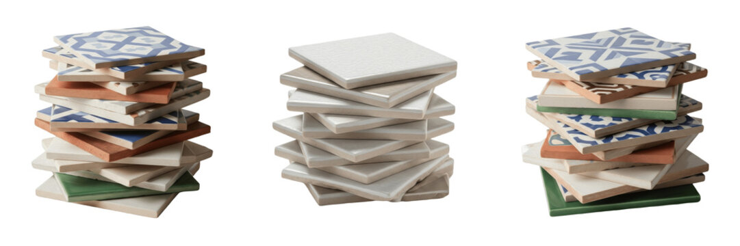 Ceramic Stone Tiles and Coasters PNG Set Isolated on White Background for Interior Design, Flooring, Construction Material, Realistic Stone Texture Graphic Design Assets.