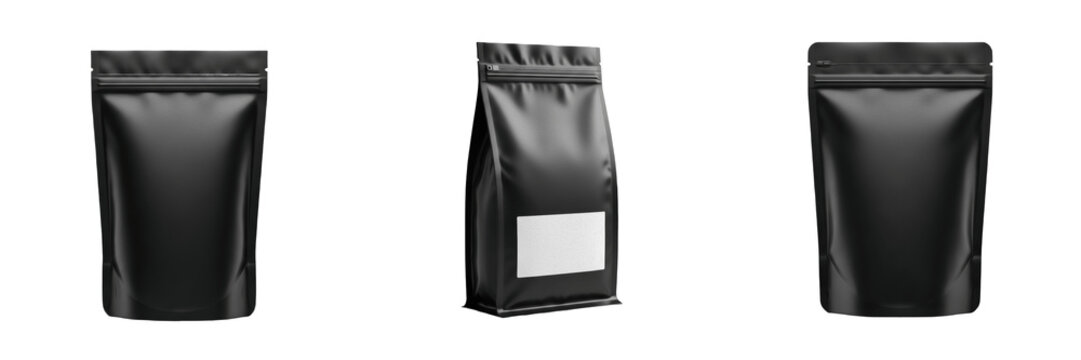 Black Matte Coffee Bean Bag PNG Set Isolated on White Background for Product Packaging Mockup, Cafe Branding, Espresso Beans, Realistic Paper Bag Texture Graphic Design Assets.