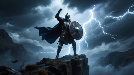 Naklejka premium Vibrant Knight Standing Strong Amidst Stormy Lightning Skies