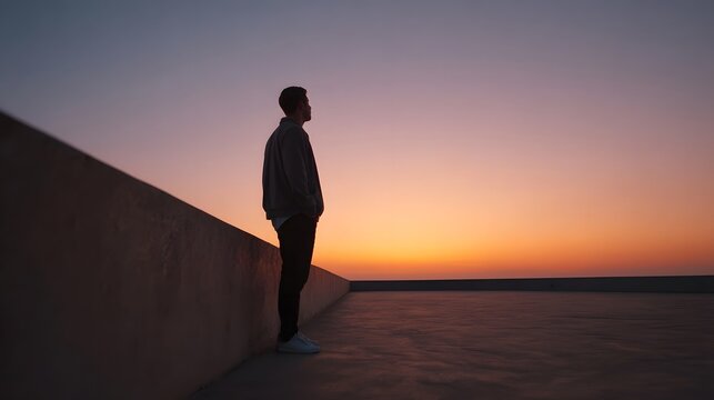 A solitary figure stands on a minimalist ledge contemplating the dramatic sunset view over a vast open landscape