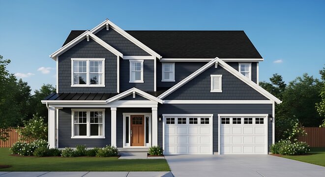 Modern two-story gray house with white trim and double garage under blue sky