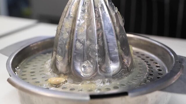 Close-up shot of a person wearing blue gloves, using a manual stainless steel citrus juicer to extract fresh lemon juice into a stainless steel bowl. The image captures the vibrant yellow of the lemon