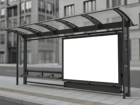 Modern bus stop shelter with blank advertising panel
