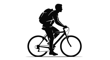 Obraz premium Side view silhouette of a cyclist with backpack riding a bicycle for travel or fitness