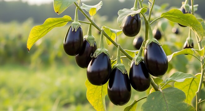 Fresh dark purple eggplants growing on a green plant outdoors
