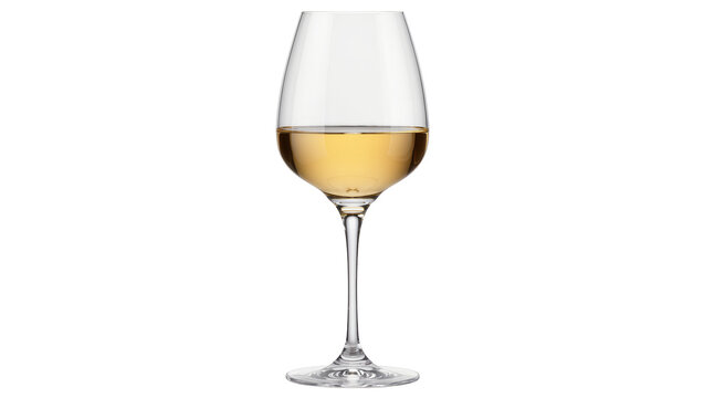 Clear glass wine goblet filled with golden white wine, isolated on transparent background