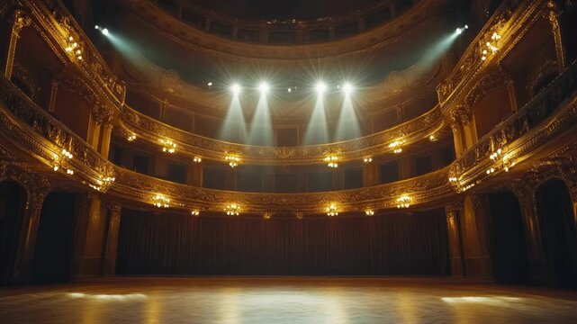 Enjoy the stunning view of the ornate theaters interior, illuminated by colorful spotlights that create ambiance