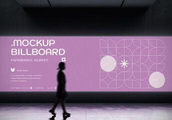 Panoramic Expo Screen Mockup in Dark Gallery. Large LED Display Presentation Scene