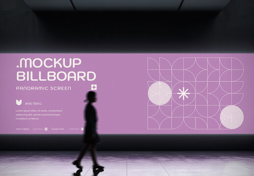 Panoramic Expo Screen Mockup in Dark Gallery. Large LED Display Presentation Scene