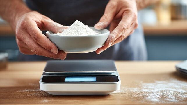 Hands holding bowl of flour over digital kitchen scale.