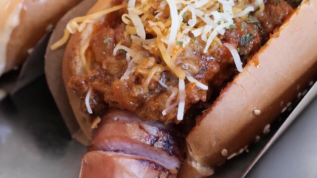 A mouthwatering, extreme close-up shot of a classic American chili cheese hot dog in a steamed bun, generously topped with hearty beef chili, shredded yellow cheddar cheese, and a sprinkle of fresh gr