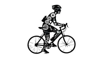 Fototapeta premium Cyclist rider silhouette with mechanical gears and cogs, biking on bicycle with innovative technology design elements, symbolizing eco-friendly transportation and sustainable energy solutions