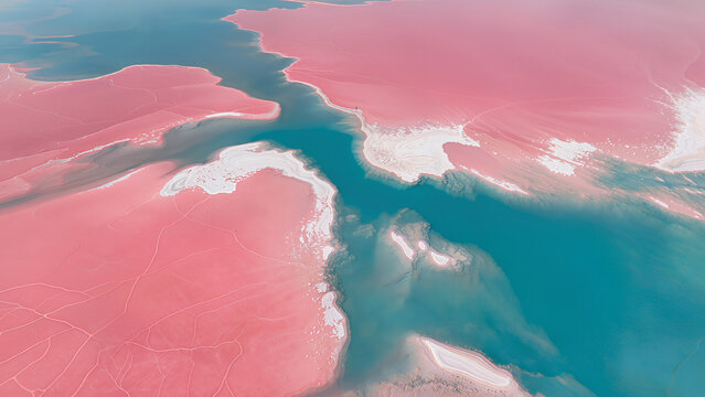 Aerial view of pink salt lakes with white mineral deposits, natural abstract patterns.