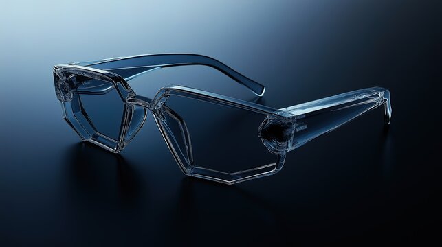 Minimalist glasses with crystalline lenses on dark surface.