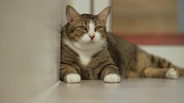 Domestic tabby cat resting on the floor at home