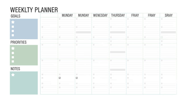 A weekly planner template with goals priorities and notes sections for organization and productivity, Generative AI.