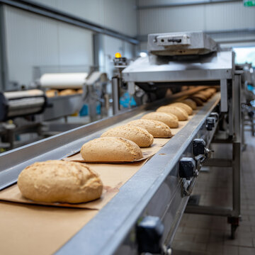 Flie&szlig;band Industrielle Brotproduktion &ndash; Teiglinge am F&ouml;rderband, B&auml;ckerei, Massenproduktion, Backwaren, Effizienz vs. Handwerk, Lebensmittelindustrie, Hygiene, Copyspace 