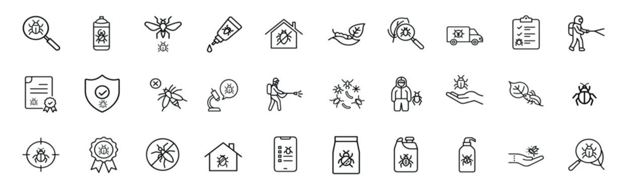 Pest control line icons set exterminator service pesticide spray pump bug inspection chemical gel protection shield truck & more vector illustration with editable stroke.