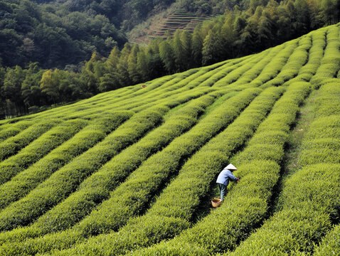 Reisterrassen in Asien mit Arbeiter bei der Ernte &ndash; traditioneller Reisanbau, Landwirtschaft, Bew&auml;sserung, gr&uuml;ne Landschaft, Kultur, Arbeit, nachhaltig, Copyspace