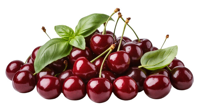 Pile of ripe dark red cherries with green basil leaves, isolated on transparent background