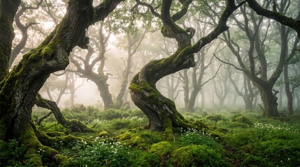Fototapeta premium Ancient, twisted trees covered in thick green moss stand in a misty, ethereal forest. Soft light filters through the fog, illuminating a lush floor of ferns and tiny white wildflowers.