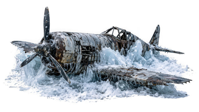Old damaged propeller plane partially submerged in icy water as PNG cutout isolated on transparent background