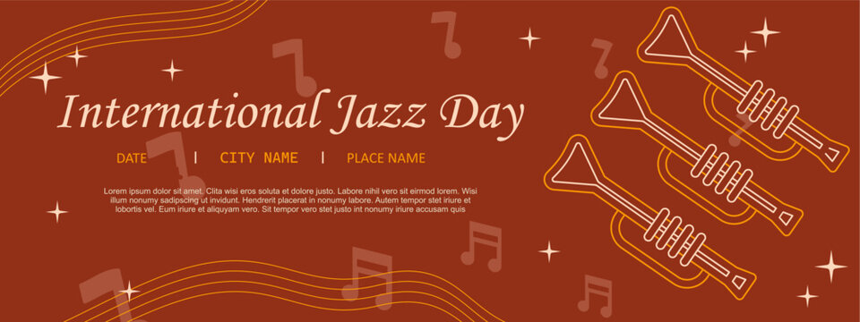 International Jazz Day featuring musical instruments with trumpets and notes background for a jazz concert promotion.