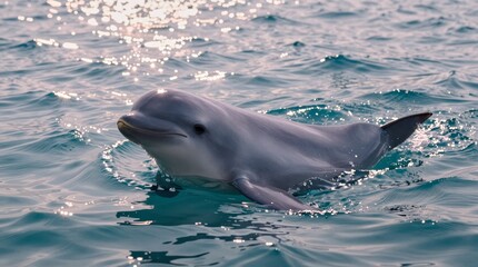 Naklejka premium Playful Dolphin Swimming in Clear Blue Ocean Water during Daylight