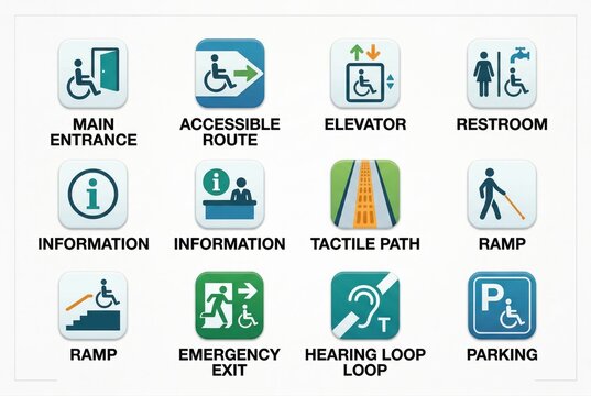 Accessible wayfinding symbols for inclusive environments guiding individuals in modern spaces emphasizing mobility aids and user friendly design principles