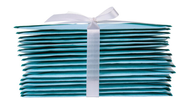 Stack of teal envelopes tied with a white satin ribbon, isolated on transparent background