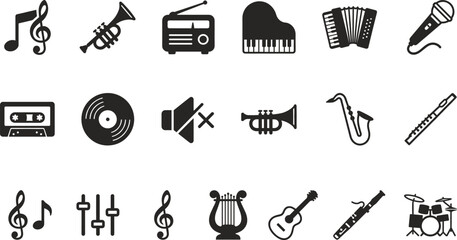 Music instrument icon set, audio symbols collection, piano guitar trumpet microphone radio elements, modern sound illustration isolated on white background © Natasa.White