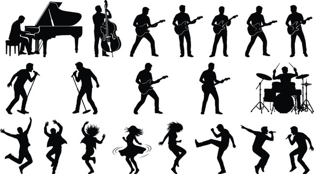 Musician and dancer silhouettes collection featuring guitarists drummer pianist singer and energetic dance poses isolated on white background vector set