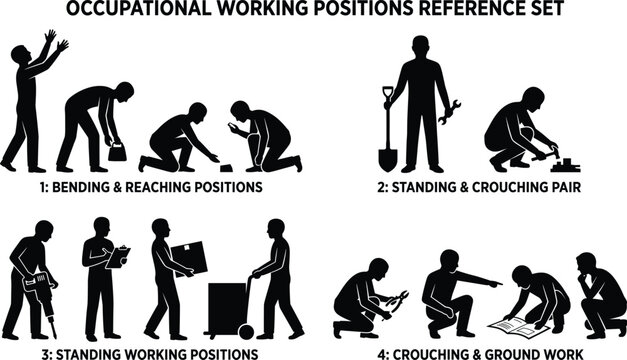 Occupational working positions set, bending reaching standing crouching postures, ergonomics safety reference, construction worker silhouettes illustration isolated on white background