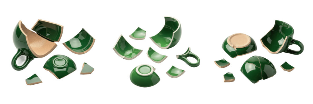 Set and collection Broken Green Glass Shards isolated on transparent png background