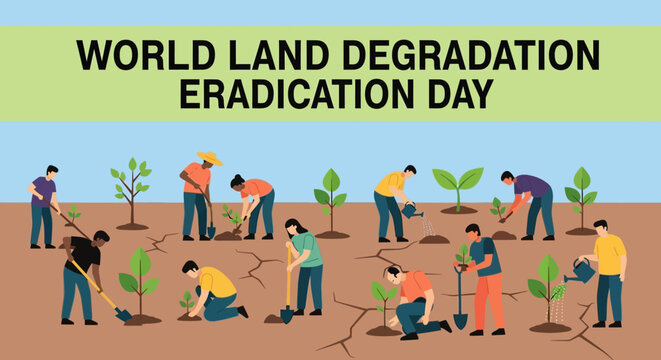people planting trees on dry land for world land degradation eradication day.