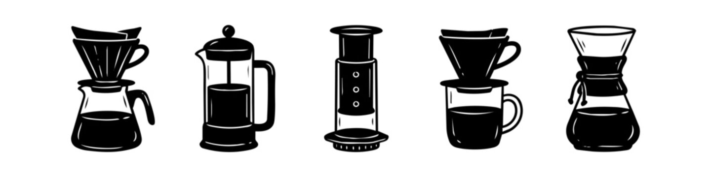 Set of black and white vector illustrations of manual coffee brewing methods including pour-over, french press, aeropress, and chemex, isolated on a white background.