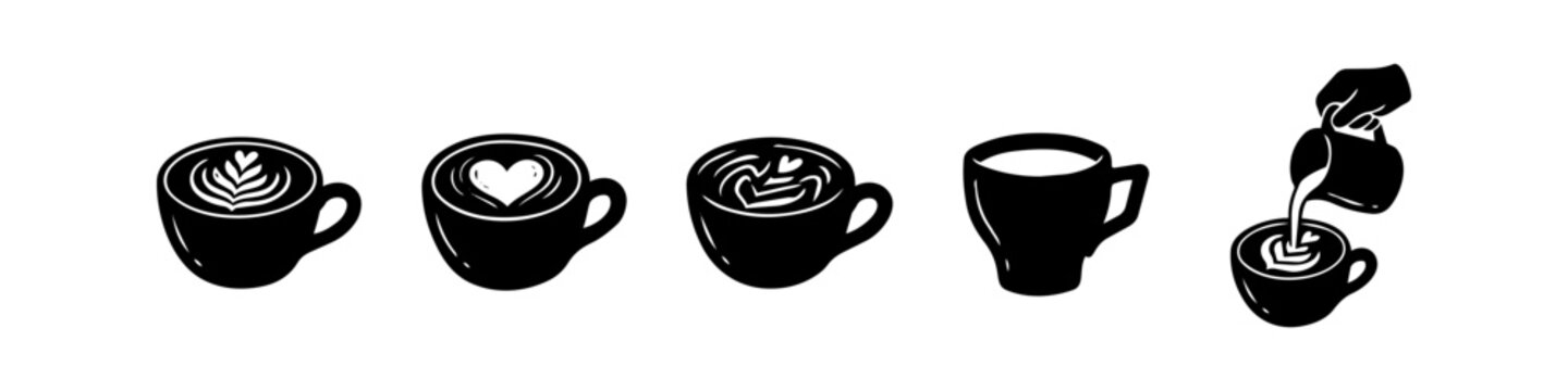 Set of minimalist black and white coffee icons featuring latte art patterns like hearts and leaves, including a hand pouring milk. Ideal for cafe branding and menu design.