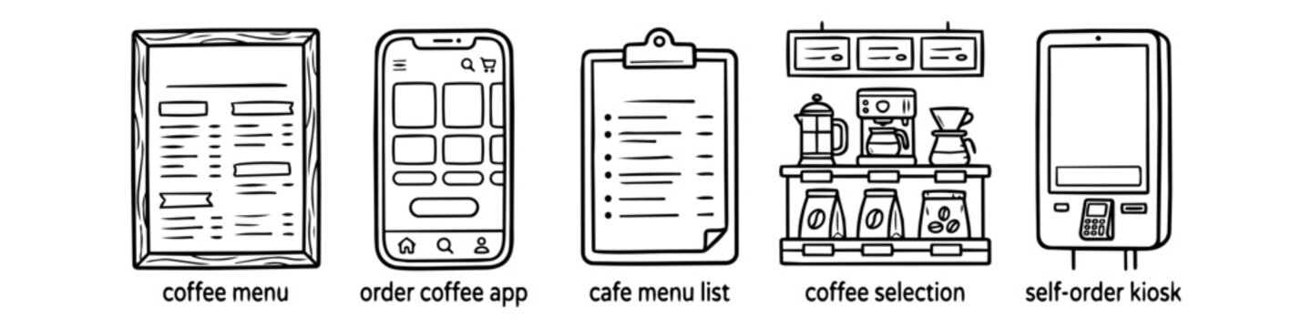Hand-drawn coffee shop icons featuring a menu board, mobile ordering app, clipboard list, coffee selection station, and self-service kiosk. Minimalist black and white line art illustrations.