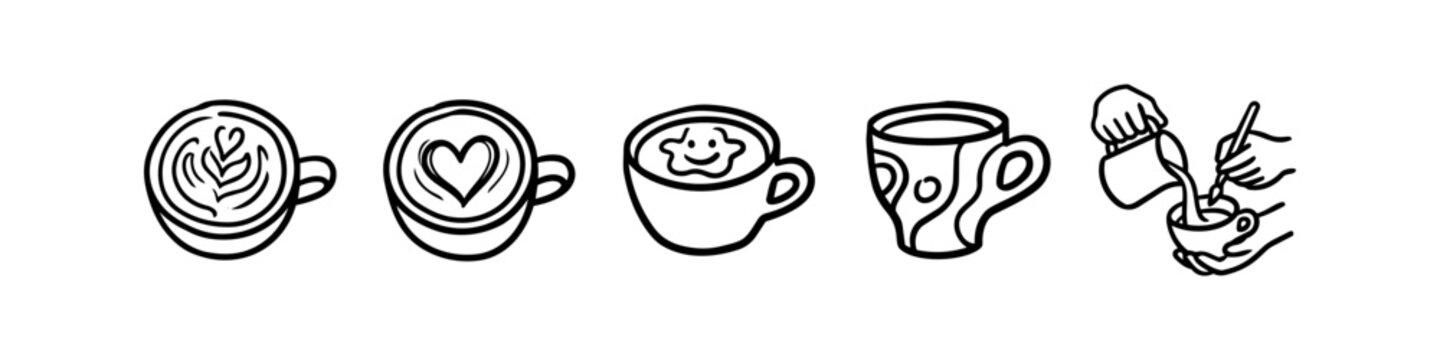 Set of hand-drawn black and white line art illustrations featuring coffee cups with various latte art designs, heart, rosetta, smiley face, and a barista pouring milk.